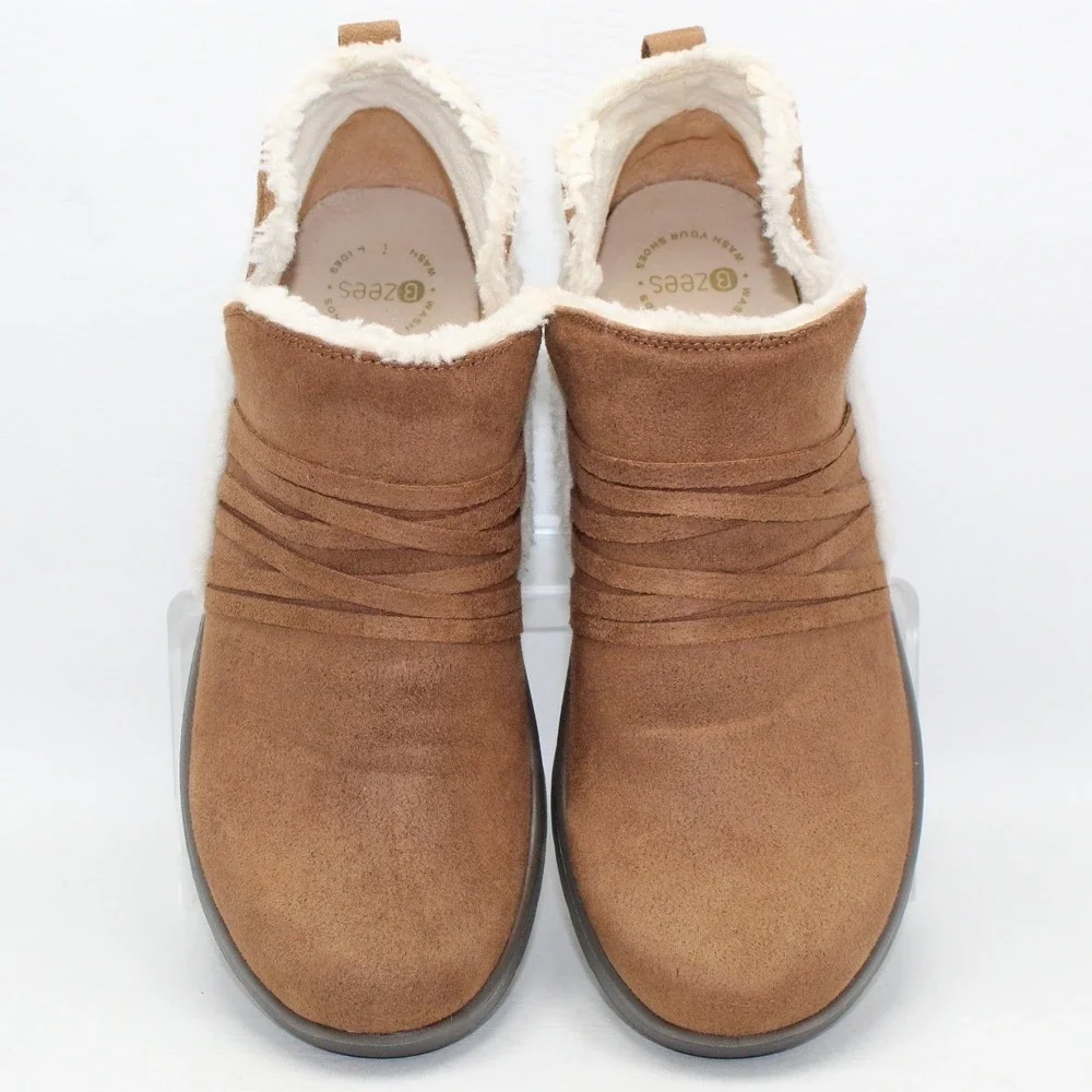 Bzees Glide Womens 9M Brown Fabric Faux Fur Trim‎ Slip On Wedge Ankle Boots